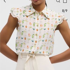 Alice + Olivia White Cocktail Print Cap Sleeve Blouse